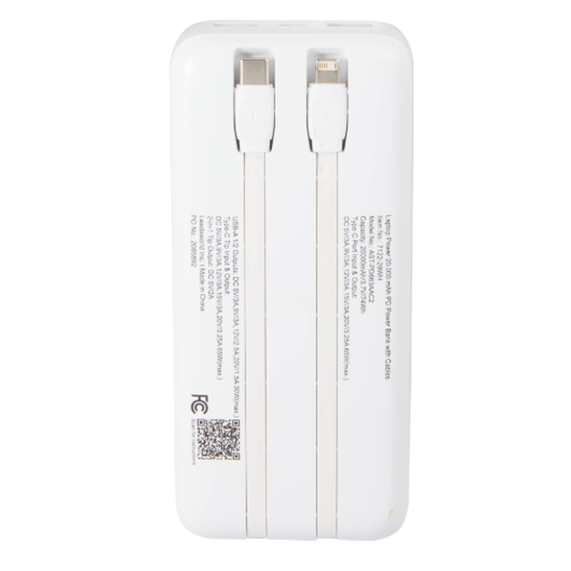 Laptop Power 20,000 mAh PD Power Bank with Integrated Cables - White